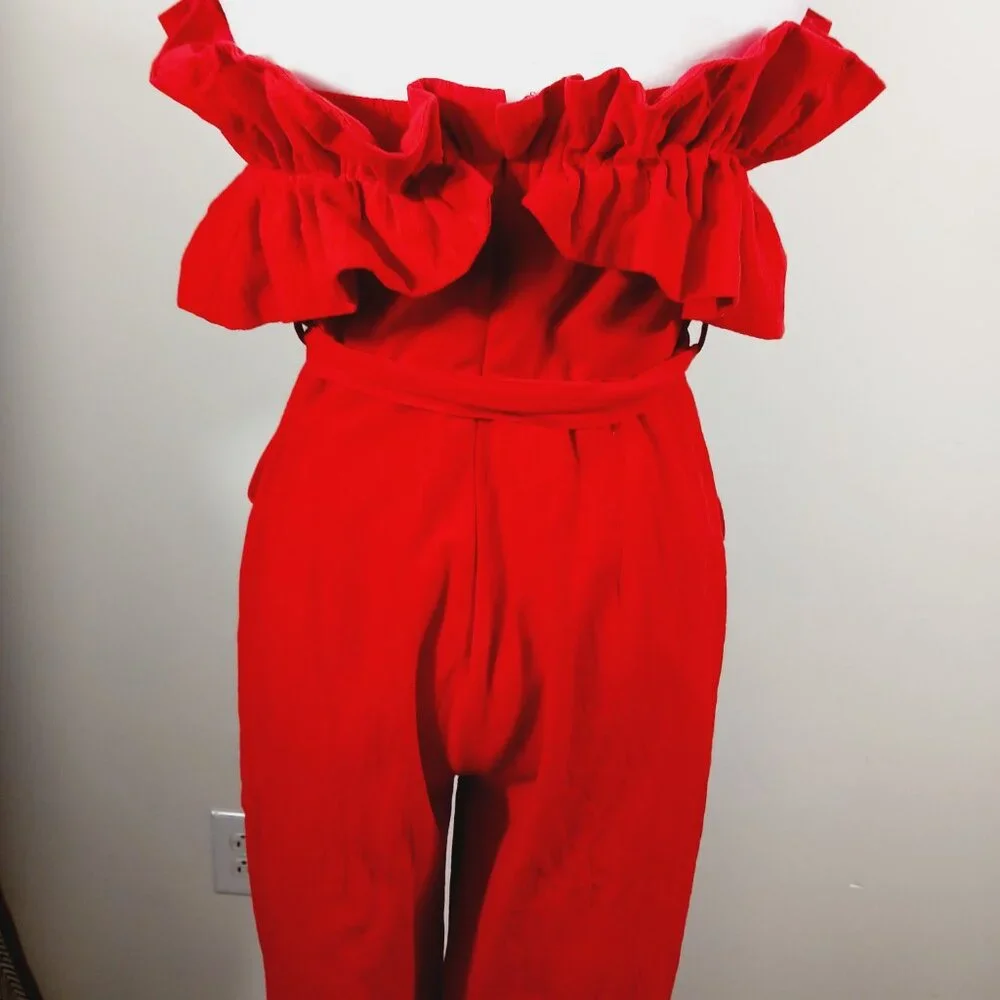 Ambition, Med., Red Strapless Linen Blend Jumpsuit W/ Ruffled Top, Calf Length - Picture 6 of 13